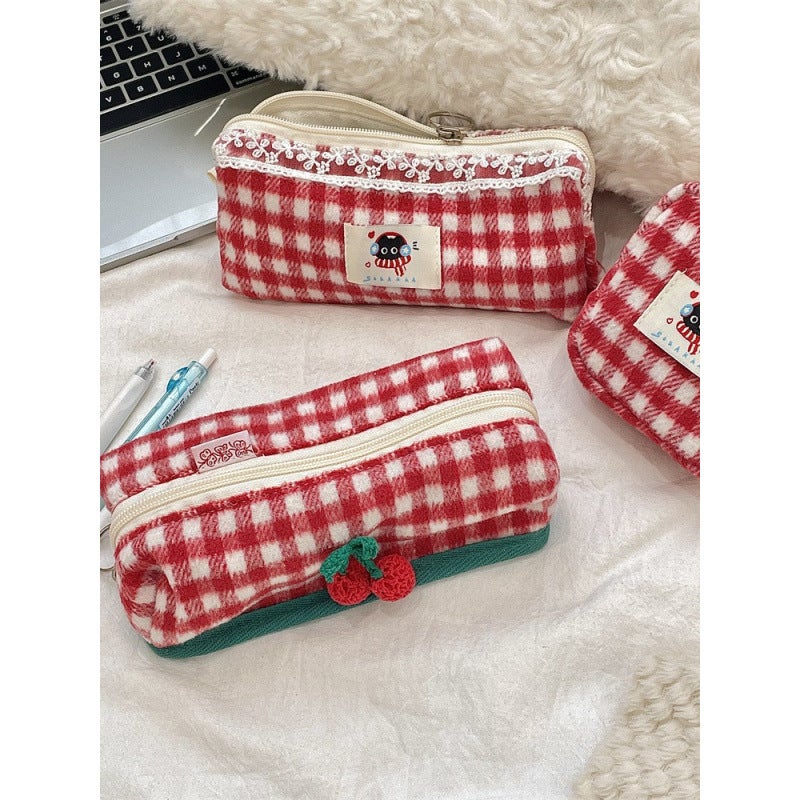 Wool Plaid Storage Bag Student Sanitary Bag Stationery Pencil Bag Large Capacity Multifunctional Cosmetic Bag - Image 3
